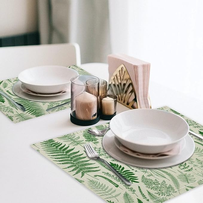 Vintage Leaves Placemats Set of 8, 17x12 Inch Green Boho Abstract Aesthetic Tropical Botanical Leaves Modern Art Printed Table Mats for Home Party Kitchen Dining Decor
