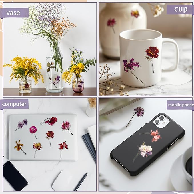 Transparent Flower Stickers for Scrapbooking PET Nature Plant Stickers Floral Stickers Vintage Craft Sticker Colorful Small Flower Sticker for Journaling Scrapbooking Clear Flower Decals(Style C)