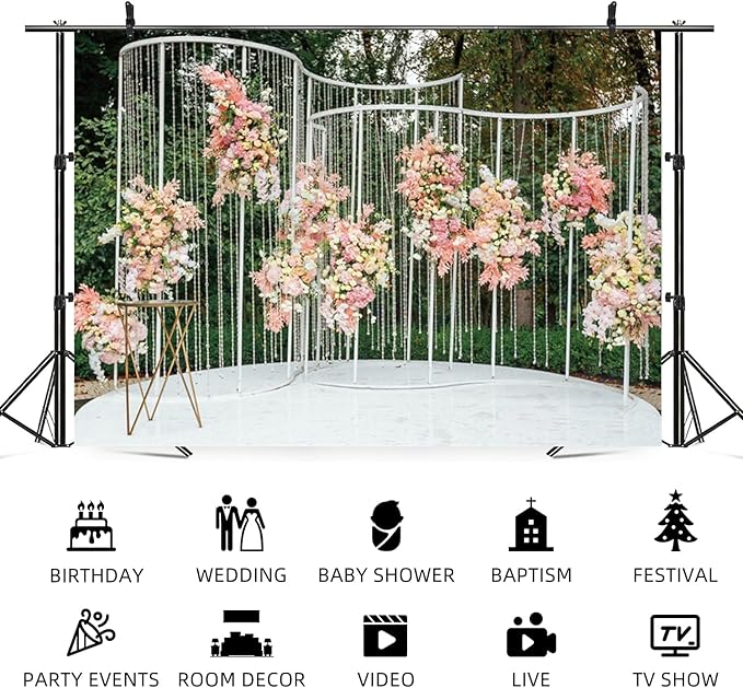 9x6ft Pink Floral Backdrop Green Leaves White Flowers Romantic Wedding Photography Background Natural Theme Birthday Banner Decorations Newborn Baby Shower Portrait Photo Booth Prop