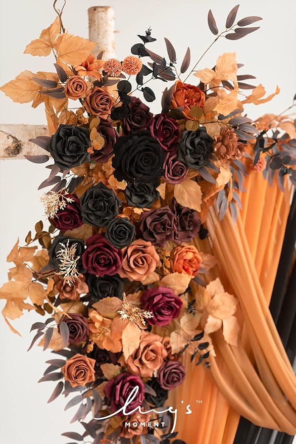 Ling's moment Wedding Arch Flowers with Sheer Drapes Kit - Artificial Black and Orange Floral Arrangements for Ceremony Backdrop, Arbor Decor, 5-Piece Set (2 Flower Stems + 3 Hanging Drapes)