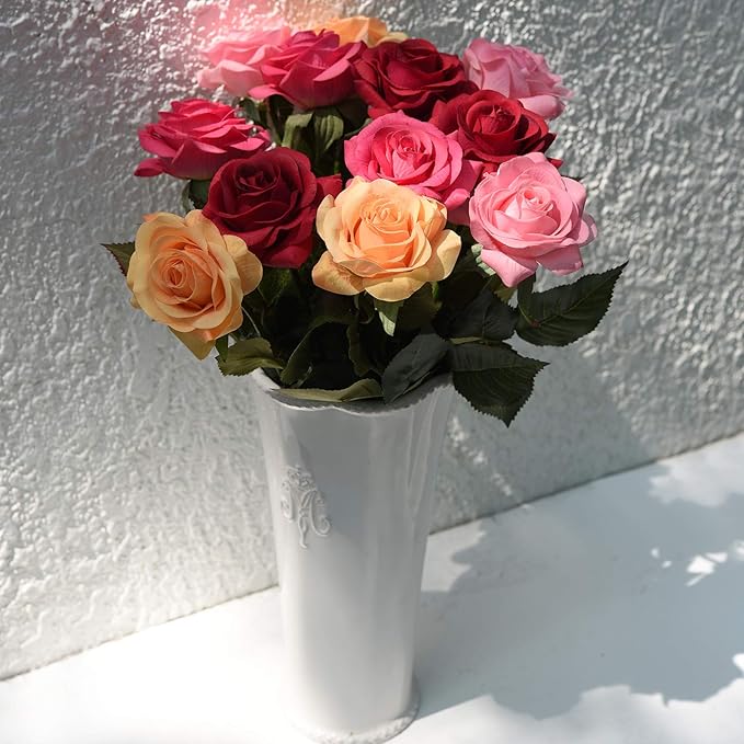 FiveSeasonStuff Fake Roses Wedding Flowers Real Touch Silk Medley Rose Mix Artificial Flowers (Yellow, Dark Red, Coral Pink, Pink) 12 Stems