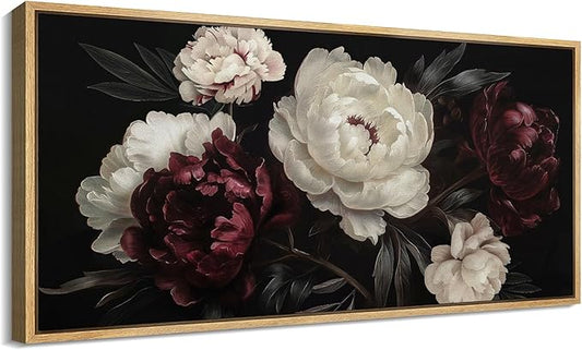SIGNFORD Extra Large Framed Canvas Print Wall Art Vintage Peonies Classic Floral Painting in Deep Tones Illustrations Modern Art Relax/Calm Warm for Living Room, Bedroom, Office - 60"x30"