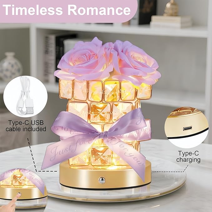 Christmas Gifts for Woman, Touch Crystal Rose Lamp, Elegant Flower lamps, Purple Roses Crystal Lights Base, Purple Nightlight, Gifts for Her, Mom, Wife, Girlfriend, Valentines, Birthday Gifts