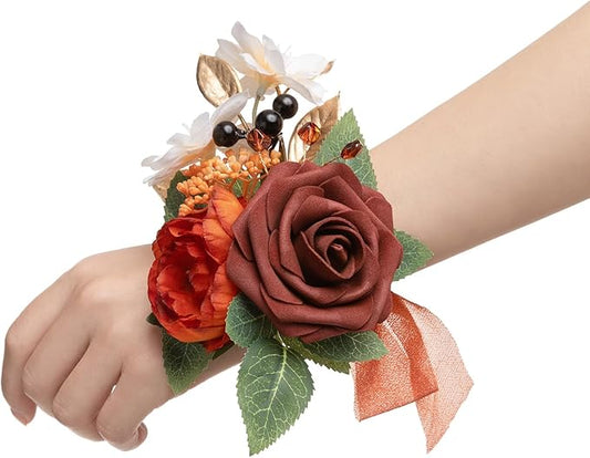 Ling's moment 6pcs Wedding Wrist Corsage Artificial Flowers, Girl/Mother Homecoming Prom Corsages Wristlet Décor, etc. Burnt Orange Terracotta