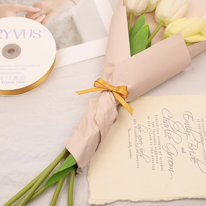 Old Gold Satin Ribbon, Double Faced 1/4 Inch X 25 Yards Old Gold Ribbon, Premium Satin Ribbon for Gift Wrapping, Crafts, Hair Bow Making, Sewing, Flower Bouquet, Wedding Party Decor