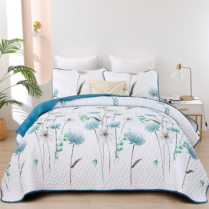 Dinjoy Quilt Set Full Size Teal Blue, Floral Bedspreads 3 Pieces Reversible Quilts Bedding Set Microfiber Lightweight Bedspread Coverlet Farmhouse Set for All Season78 x90