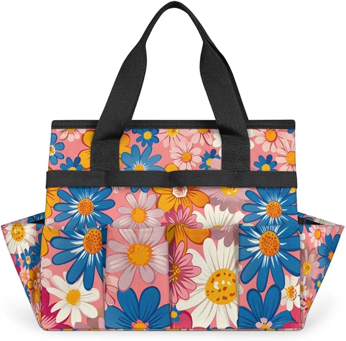 Garden Tool Bag Organizer Garden Tote Bag with Pockets Small Print Flowers Tool Storage Organizer Gardening Tool Kit Holder 13" x 6.8" x 2.8"