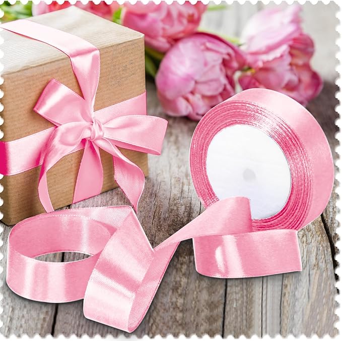 Luomorgo 1 Inch Pink Satin Ribbon, 25 Yards Solid Color Ribbon, Fabric Ribbon for Gift Wrapping, Flower Bouquet, DIY Craft, Sewing, Wedding, Birthday Party Decorations