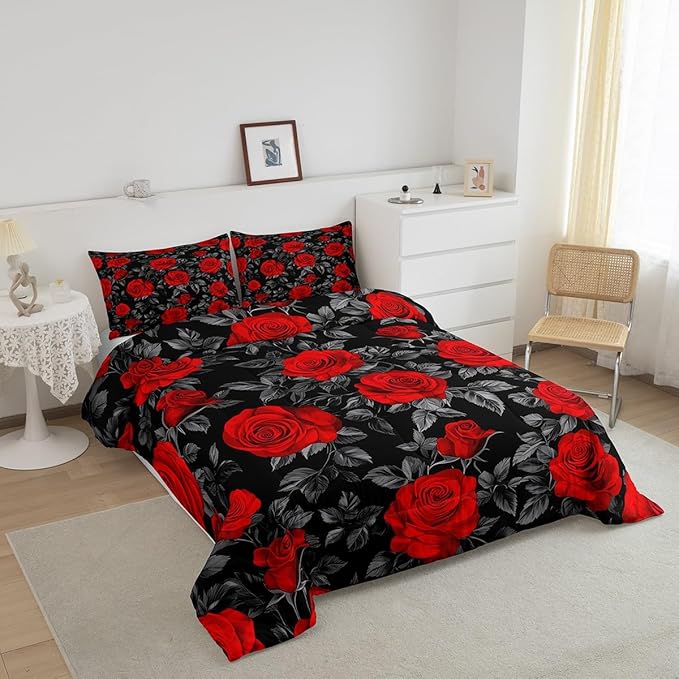 Castle Fairy Kids Red Flowers Comforter Set Queen Size,Rose and Grey Leaves Print Bedding Gift for Children Adult Xmas Present,Gothic Floral Plant Theme Polyester Quilt Set with 2 Pillowcases