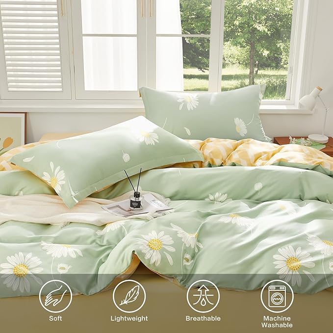SAPHREAS Floral Daisy Duvet Cover Set Full Size 3pcs Sage Green White Flower Bedding Comforter Cover Set 100% Cotton 1 Duvet Cover 90"x80" 2 Pillow Shams, Comforter Not Included