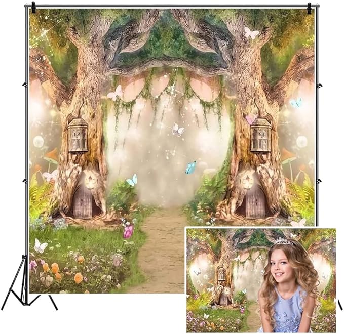 Leowefowa 8x8ft Vinyl Birthday Backdrop Fairy Tale Forest Enchanted Flower Baby Shower Photo Background for Birthday Party Photoshoot Newborn Baby Kids Children Studio Props Photography Backdrops