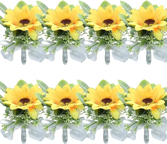 Sunflower Boutonniere Groom Boutonniere Man Buttonholes Bride Corsage Maid of Honor Gift Groom Gifts Wedding Boutineer with Pin Artificial Yellow Silk Flower Decor (White,Pack of 8)