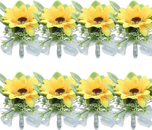 Sunflower Boutonniere Groom Boutonniere Man Buttonholes Bride Corsage Maid of Honor Gift Groom Gifts Wedding Boutineer with Pin Artificial Yellow Silk Flower Decor (White,Pack of 8)