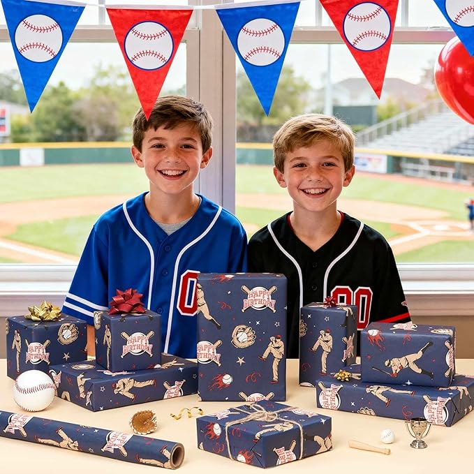 WERNNSAI Baseball Kraft Wrapping Paper - 1 Roll 17”x 16.4ft Sports Birthday Wrapping Paper Blue Gift Wrap for Men Boys Birthday Present Packing Decoration Player Gloves Ball Design