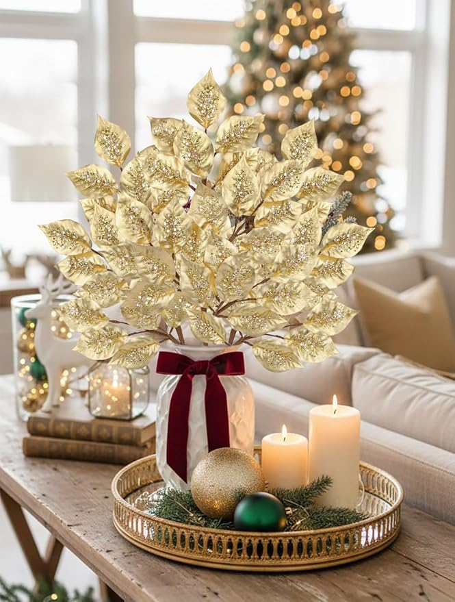 Christmas Tree Picks and Sprays 31.5" Gold Atrificial Elm Leaves with Stems 3 Pcs Christmas Picks for Tree Gold Vase Fillers Golden Leaf Decor for DIY Xmas Trees Centerpieces Wedding Bouquet Decor