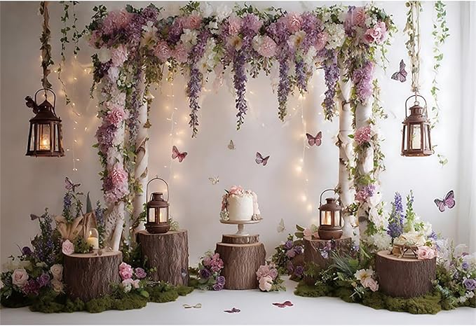 Baocicco Rustic Flower Wall Backdrops 12x8ft Farmhouse Wedding Background Photography Baby Shower Bridal Shower Backdrop Purple Floral Wooden Butterfly Backdrop Kids Adults Portraits Studio Props