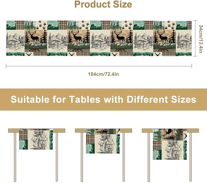 Rustic Cabin Table Runner, Farmhouse Deer Bear Retro Pine Forest Wooden Plank Wild Animal Seasonal Coffee Table Center Decor for Home Kitchen Dining Patio Holiday Party Table Decorations 13x90 inches