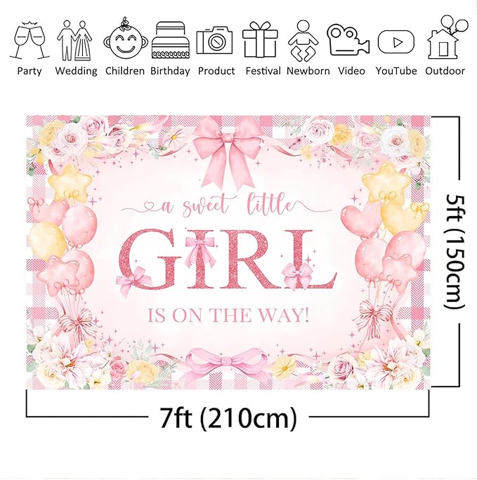 Mocsicka 7x5ft Girl Baby Shower Backdrop Pink Bow Floral Sweet Baby Girl is On The Way Decorations Banner Watercolor Balloon It's a Girl Banner Photo Booth Props (7x5ft (82x60 inch))