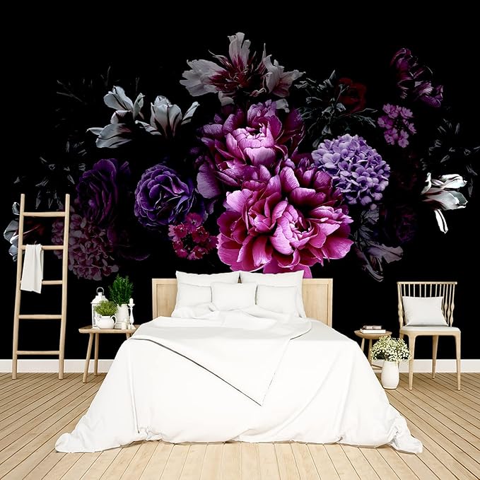 Black Peony Floral Wallpaper Bedroom Purple Botanical Flowers Leaf murals Living Room tv Background Large Wall Mural Aesthetic Room Decor - 137"x96" Not Peel and Stick