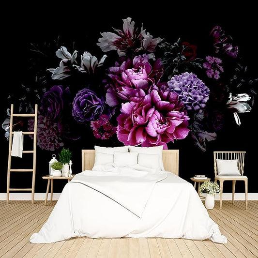 Black Peony Floral Wallpaper Bedroom Purple Botanical Flowers Leaf murals Living Room tv Background Large Wall Mural Aesthetic Room Decor - 160"x108" Not Peel and Stick