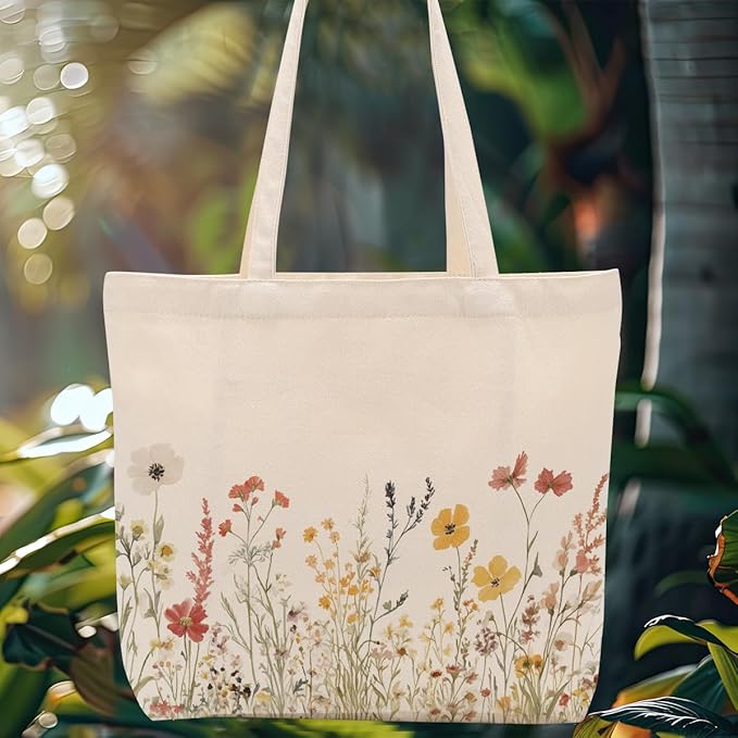 Aesthetic Floral Canvas Tote Bag for Women with Pocket, Tote Bags for Grocery Shopping Travel Christmas Birthday