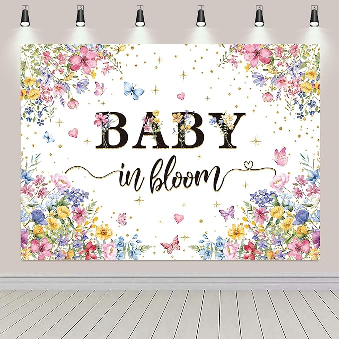 Baby in Bloom Backdrop Wildflower Baby Shower Party Photography Background Spring Floral Gold Glitter Butterfly Banner for Girls Baby Shower Newborn Birthday Party Decorations (82x59 inch (7x5FT))