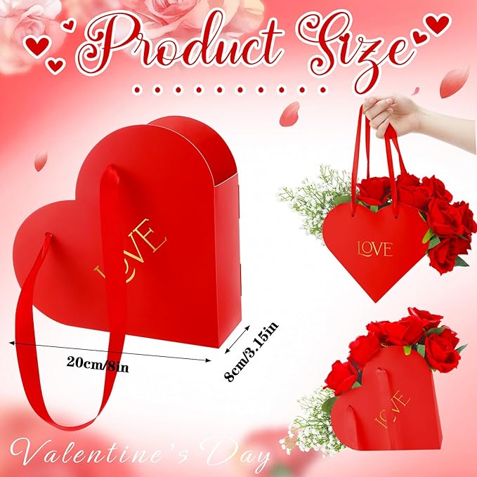 Kolldenn 12 Pcs Heart Shaped Flowers Boxes Christmas Bouquet Storage Bucket Valentine's Day Floral Boxes for Arrangements Paper Floral Bag with Handle Basket Handbag for Florist Bridal Shower(Red)