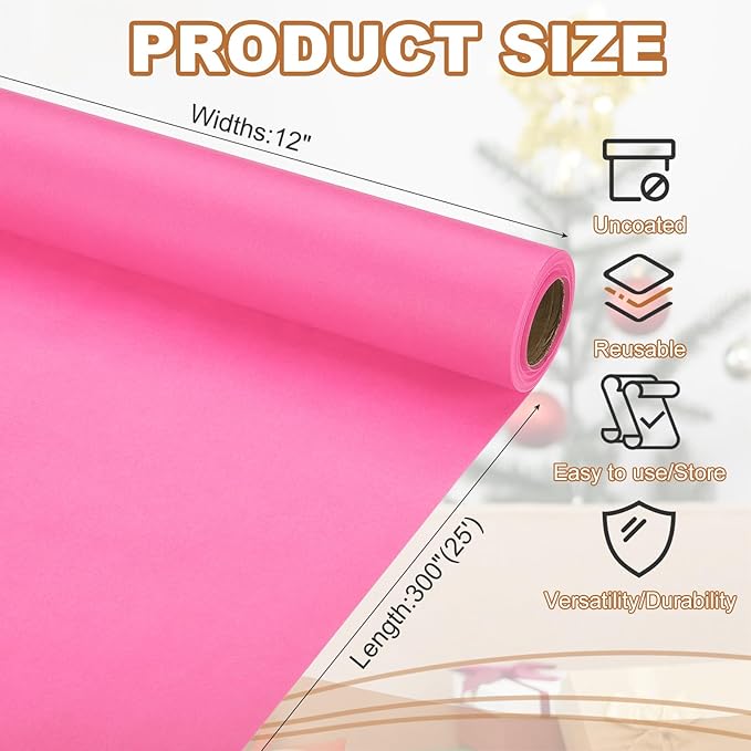 PATIKIL Wrapping Paper, 12" x 300"(25') 70 GSM Craft Paper Roll Kraft Packing Paper for Poster Bulletin Board, Gift Wrapping, Pink