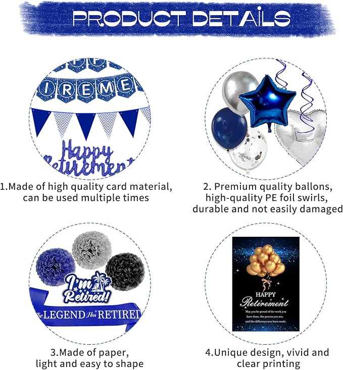 Happy Retirement Party Decorations Blue Retirements Party Decoration for Men Happy Retire Banner Hanging Swirls Foil Balloon Cake Toppers Retire Sash for Blue and Silver Retire Decoration