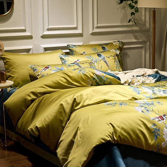 mixinni Duvet Cover California King Size Floral Bird Pattern Cotton Duvet Cover Set with Zipper Closure and Ties for Women and Men, Ultra Soft, Breathable, Easy Care-California King Size