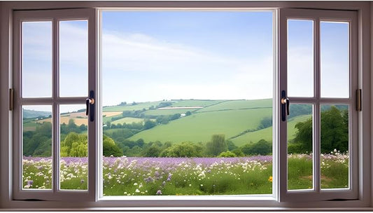 Window Scenery Photography Backdrop Open Window with View of Meadows and Fields Background Plants Flowers Background Party Banner Wall Decor Baby Kids Family Photo Shoot Props 8x6ft