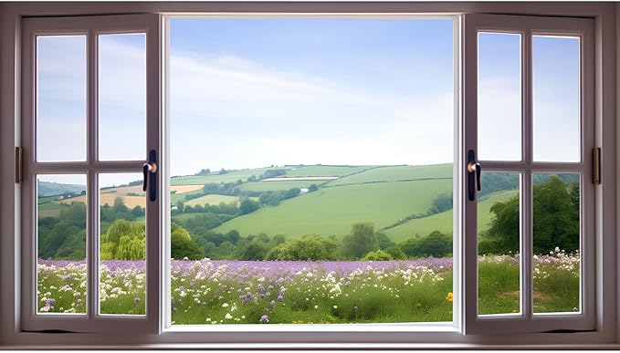7x5ft Window Scenery Backdrop Open Window with View of Meadows and Fields Photography Background Plants Flowers Background Party Banner Wall Decor Baby Kids Family Photo Shoot Props
