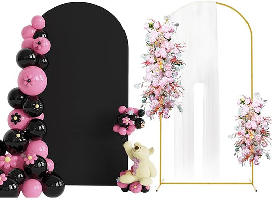 Putros 7.2ft Metal Arch Stand with Cover Black Spandex Fitted Wedding Arch Cover and Round Top Chiara Backdrop Stand Set for Birthday Party Baby Shower Decoration