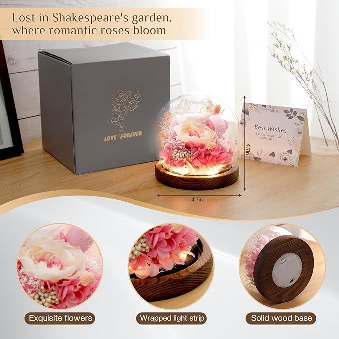 Preserved Flowers,Rose in Glass Dome with LED Light, Gifts for Her, Women, Mom,Grandma,Girlfriend, Wife- Style2