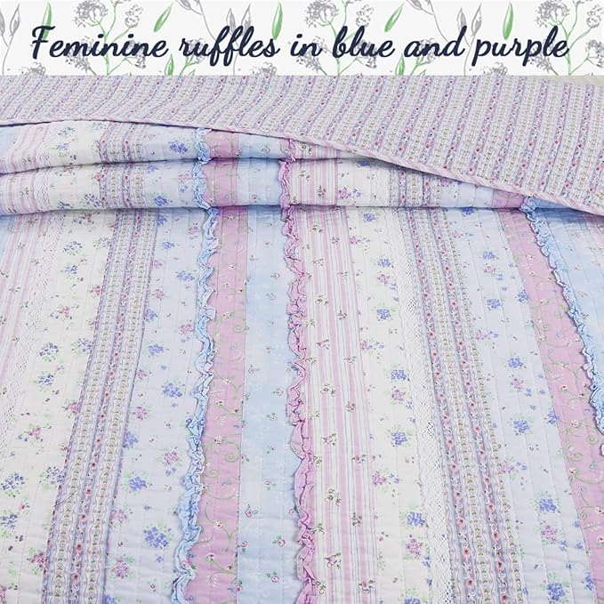 Cozy Line Home Fashions Raelynn Romantic Lace Orchid Light Purple Blue Flower Print Stripe Cotton 3D Bedding Quilt Set, Reversible Coverlet, Bedspread for Girls Women (Lavender,Queen -3 Piece)