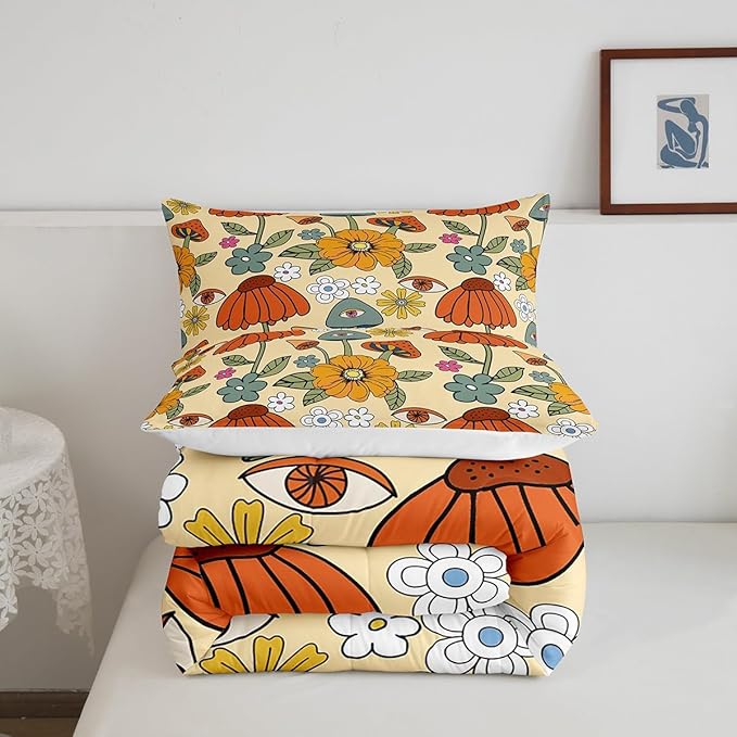 Castle Fairy Retro Flowers Bedding Set King Size,70s Floral Mushroom Comforter Set Room Decor for Couple,Art Hippie Plant Eye Print Microfiber Down Comforter,2 Pillowcases