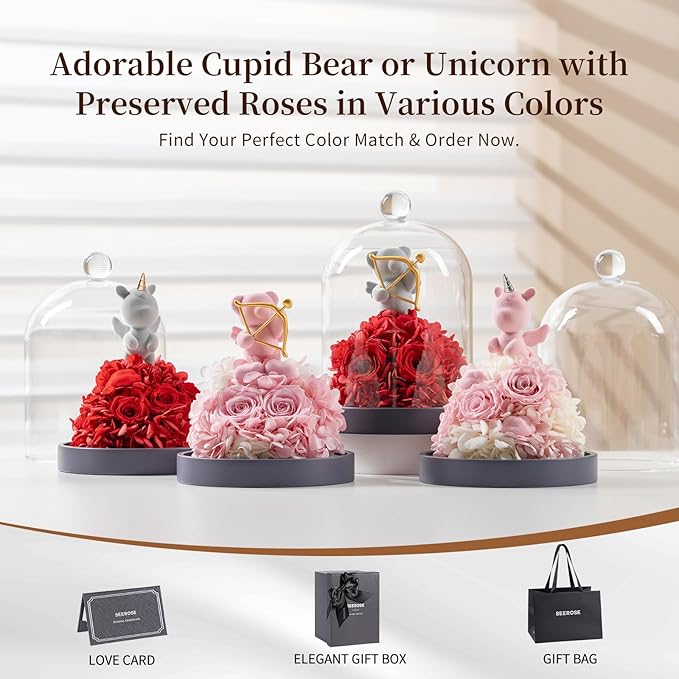 SEEROSE Preserved Rose with Cupid Bear in Glass Dome, Eternal Real Rose Romantic Gift for Her, Women, Mom, Wife, Girlfriend, Valentine’s Day, Mother’s Day, Christmas, Birthday (Cupid Bear, Red)