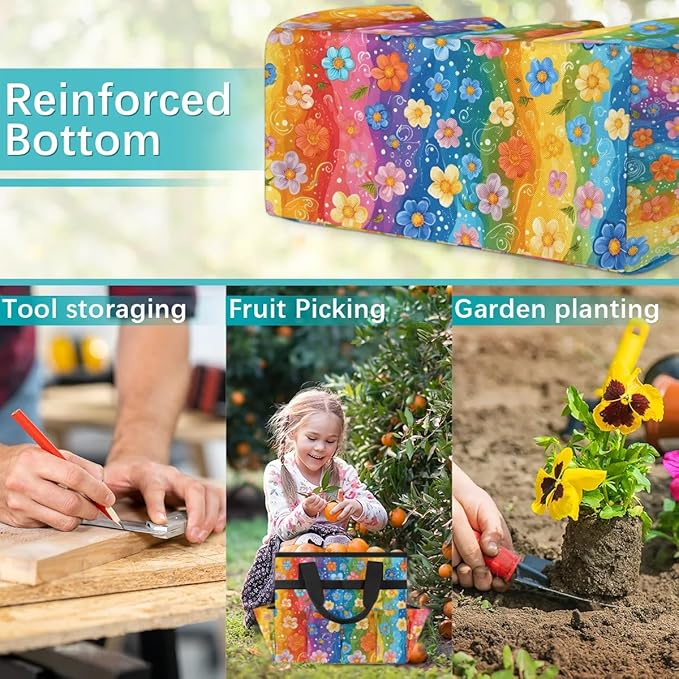 Garden Tool Bag Organizer Garden Tote Bag with Pockets Rainbow Small Flowers Tool Storage Organizer Gardening Tool Kit Holder 13" x 6.8" x 2.8"