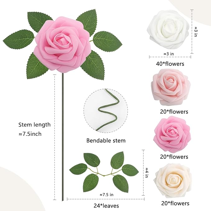 Artificial Flowers Pink Roses Real Looking Foam Fake Roses with Leaves and for DIY Wedding Bouquets Bridal Shower Centerpieces Party Decorations (Pink Series, 100)