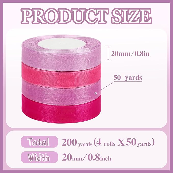 DECYOOL 4 Rolls 200 Yards Organza Ribbon for Gift Wrapping, 4/5 Inches Wide Pink Purple Sheer Chiffon Ribbon Fabric Ribbon for Wedding Birthday Bouquet Wrapping Bows DIY Crafts