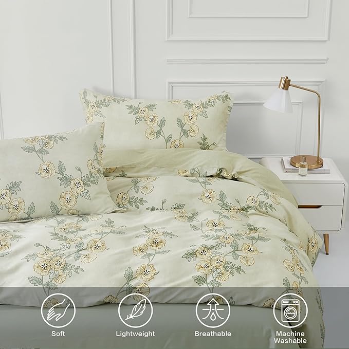 SAPHREAS Green Leaf Cotton Duvet Cover Set Queen Size 3pcs Tropical Botanical Yellow Flower Bedding Comforter Cover Set 1 Duvet Cover 2 Pillow Shams, Comforter Not Included