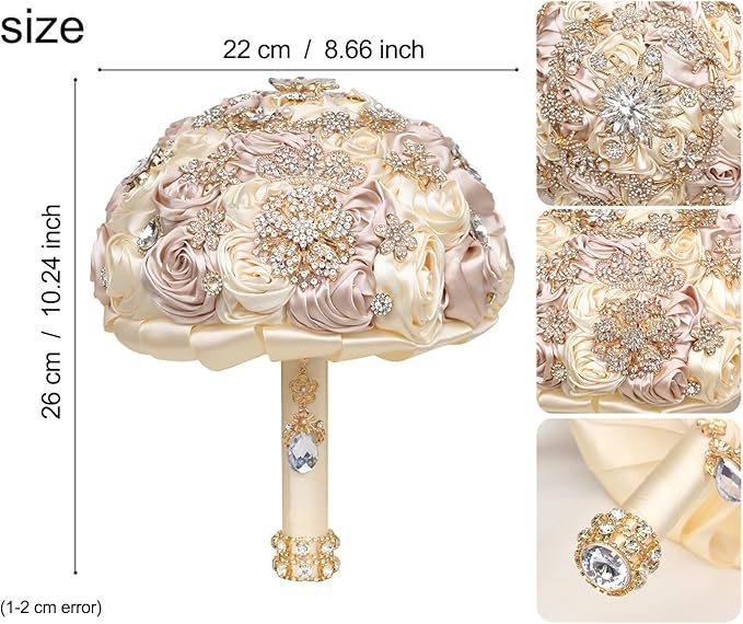 Handmade Satin Rose Floral Bling Pearl Decor Bridal Wedding Bouquet Rhinestone Pendant Artificial Brooch Flowers for Bride Bridesmaid Quinceanera
