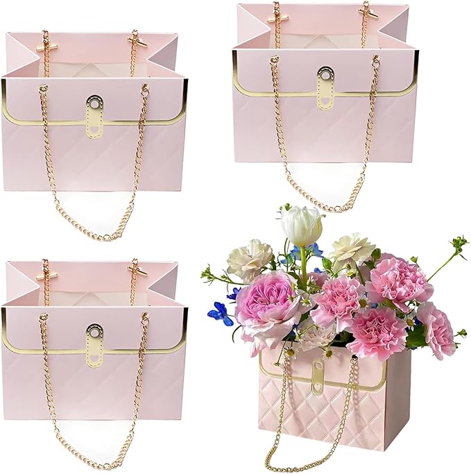 Jemattely Large Flower Paper Gift Bag,Bouquet Portable Flower Handbag Box with Metal Chain Rectangle Wedding Gift Wrap Bag Small Florist Carrier Bag for Wedding Mother Day Birthday Etc-4pcs Pink