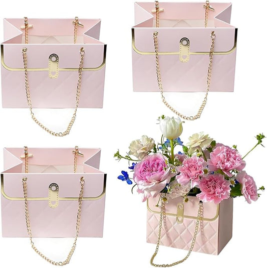 Jemattely Large Flower Paper Gift Bag,Bouquet Portable Flower Handbag Box with Metal Chain Rectangle Wedding Gift Wrap Bag Small Florist Carrier Bag for Wedding Mother Day Birthday Etc-4pcs Pink