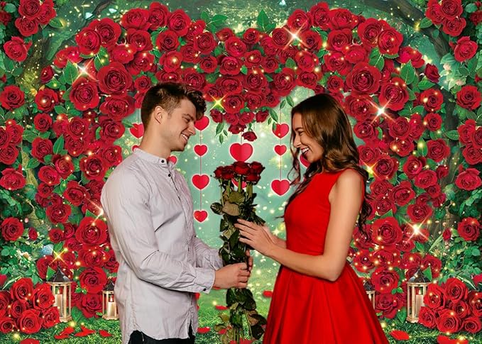 Valentine's Day Backdrop Red Rose Love Heart Garden Photography Background Floral Wedding Bridal Shower Birthday Party Decorations Photo Banner Props (94x70inch(8x6FT))