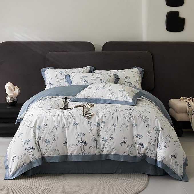 HighBuy Cute Blue Floral Duvet Cover Twin Boho Floral Cotton Soft Girl Twin Comforter Cover Cottagecore Flowers Plant Pattern Luxury Bedding Set,1 Duvet Cover 68x86,2 Pillowcases for Women Teen