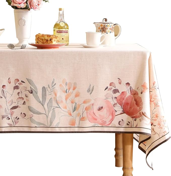 Linen Rectangle Tablecloth,French Vintage Pink Floral Pattern Wrinkle Free Table Cloth,Decorative Table Cover for Kitchen,Dining,Tea Party,Thanksgiving,Christmas,63"*87"-Sloosa