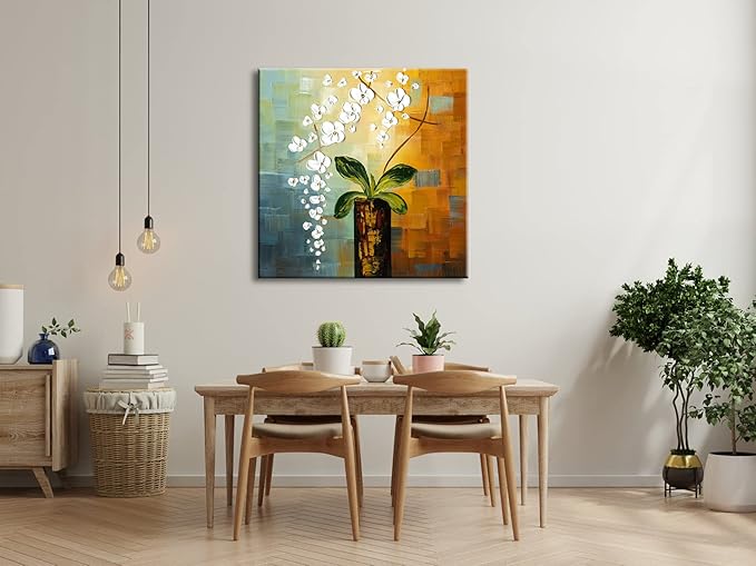 Wieco Art Beauty of Life Floral Oil Paintings on Canvas Wall Art Large Modern 100% Hand Painted Abstract White Flowers Stretched and Framed Artwork for Living Room Bedroom Home Decorations 32x32