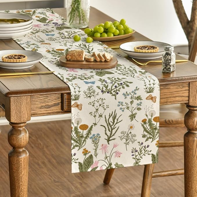 Artoid Mode Wildflowers Floral Spring Table Runner, Butterfly Seasonal Summer Kitchen Dining Table Decoration for Home Party Decor 13x90 Inch