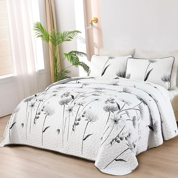 Dinjoy Gray Quilt Set Full Size, Floral Bedspread Set 3 Pieces Reversible Quilted Fall Bedding Set Microfiber Lightweight Bedspread Coverlet Farmhouse Set for Women Girls 78"x90"